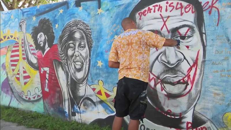 Artist repaints Miami George Floyd mural that was vandalized