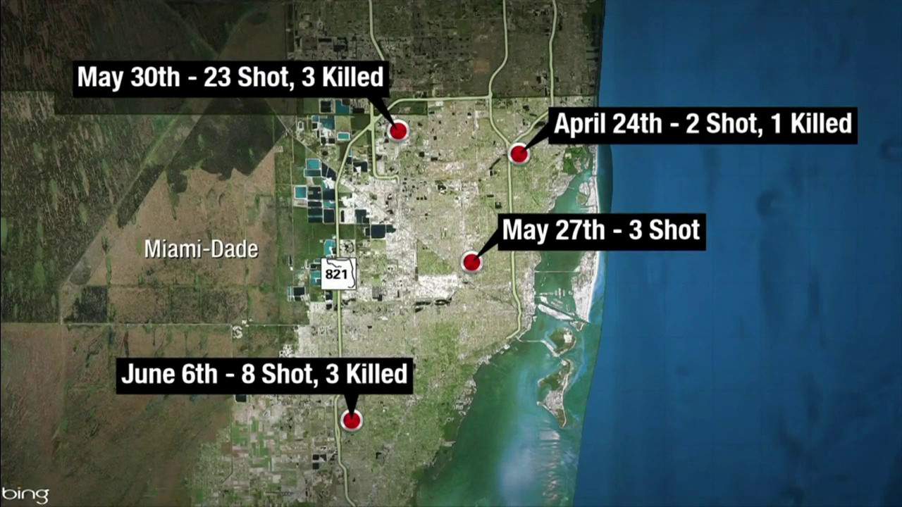 A map shows the locations of four high-profile Miami-Dade County shootings in recent days.