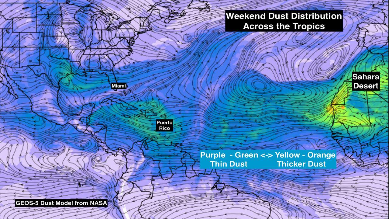 Distribución de polvo de fin de semana en los trópicos.