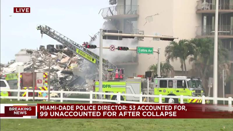 Firefighters deal with small fire coming from partially collapsed building in Surfside