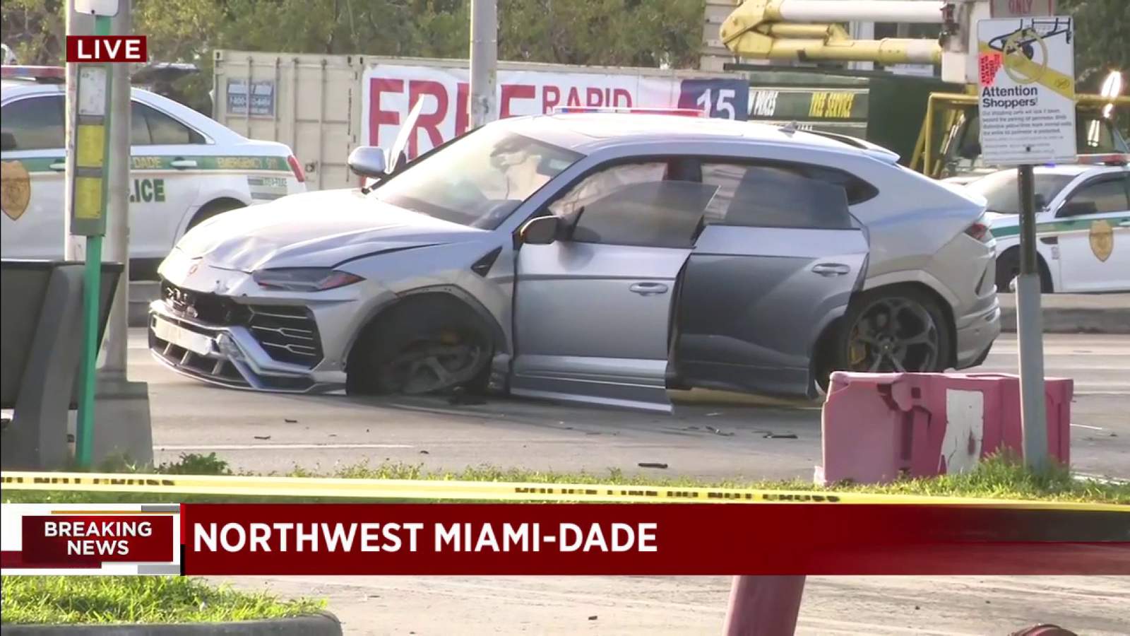 Camioneta Lamborghini se estrella en el noroeste de Miami-Dade, puede haber estado huyendo de otro accidente