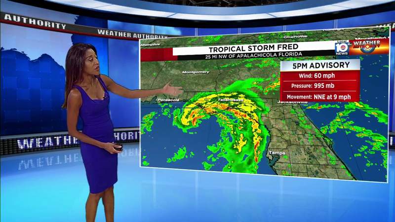 Center of Fred moves through eastern Florida Panhandle; Grace producing heavy rainfall over Hispaniola