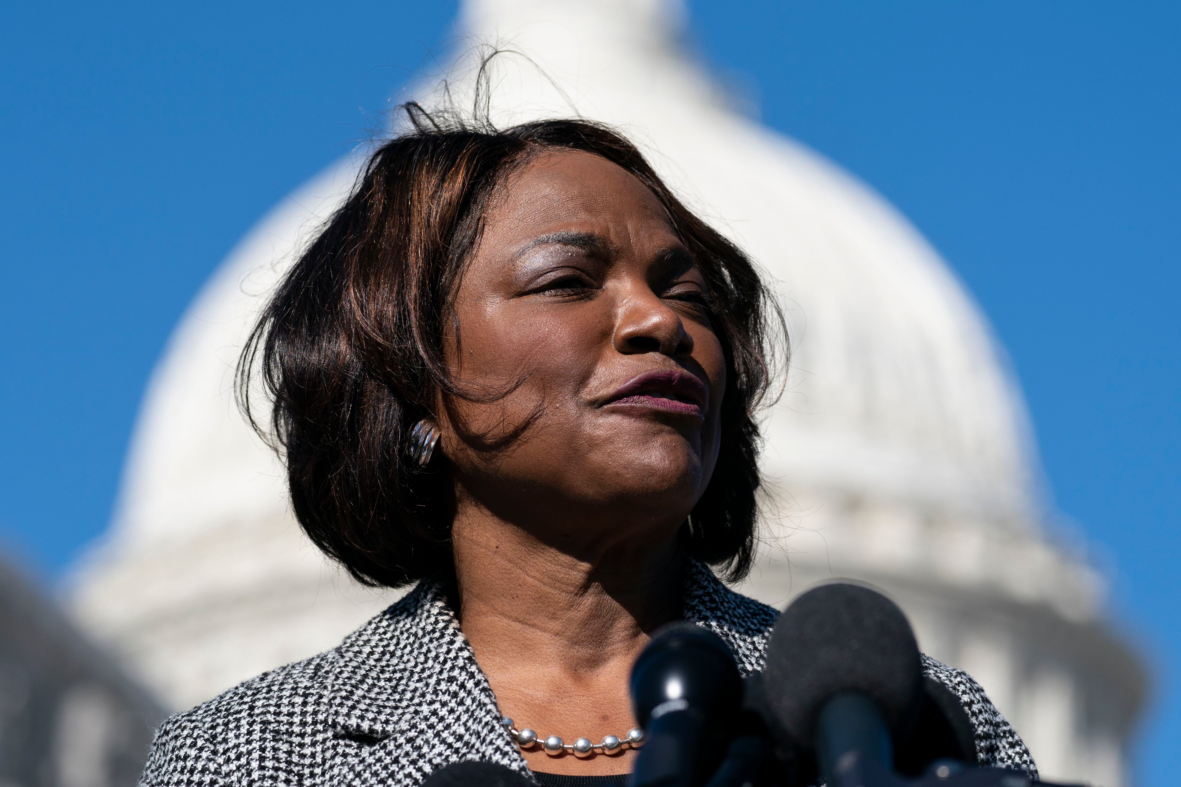 Rep. Val Demings, D-Fla., speaks with reporters about the Violent Incident Clearance and Technological Investigative Methods (VICTIM) Act, on Capitol Hill, Wednesday, Feb. 9, 2022, in Washington. Demings is among dozens of Black Democratic candidates are seeking office in heavily Republican states that former President Donald Trump won easily in 2020. (AP Photo/Alex Brandon)