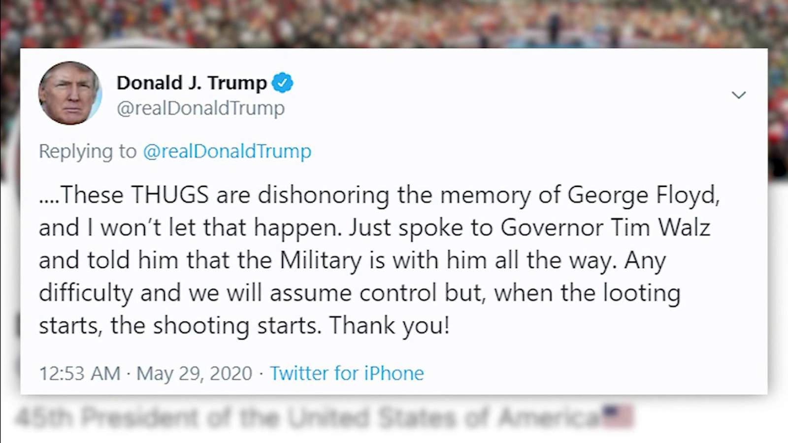Trumps looting, shooting tweet flagged by Twitter