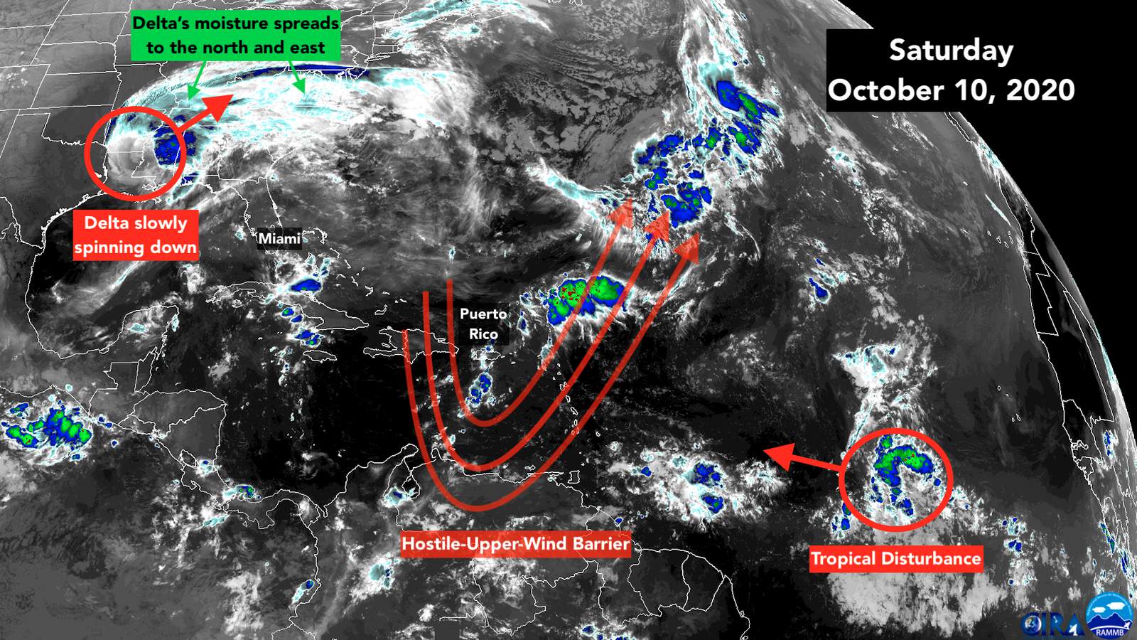 Delta spreads heavy rain inland while a disturbance tracks across the across the Atlantic