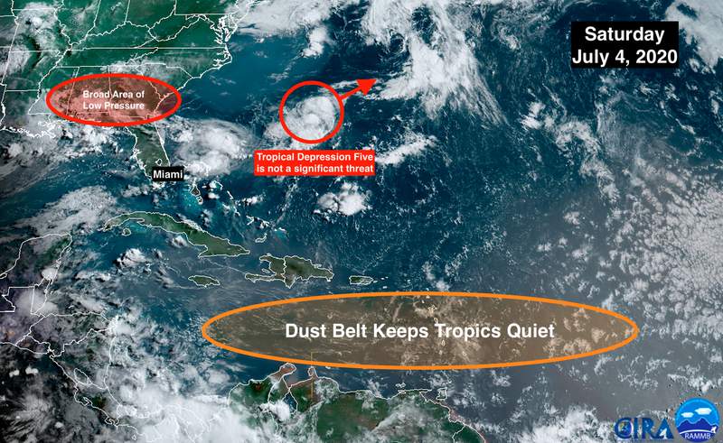 Tropical Depression Five forms off the southeast coast but dust keeps the deep tropics quiet