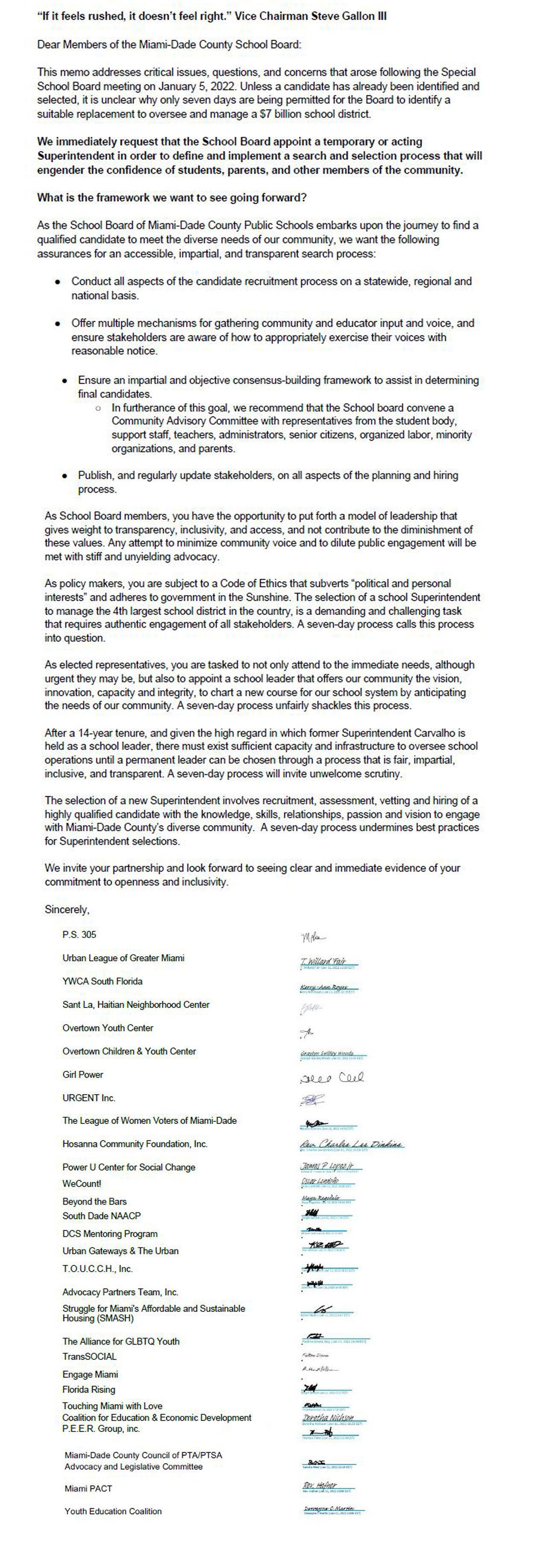 Letter to Miami-Dade School Board