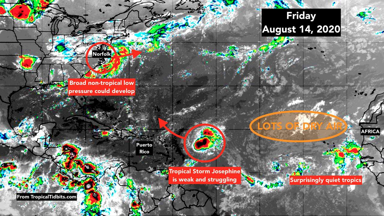 Tropical Storm Josephine is struggling while the tropics go eerily quiet