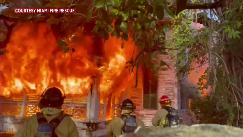 Fire crews in Miami battle large blaze at abandoned historic home