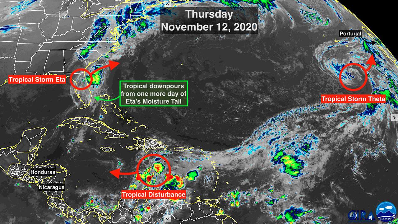 One more day of tropical downpours from Eta while a new storm develops in the Caribbean