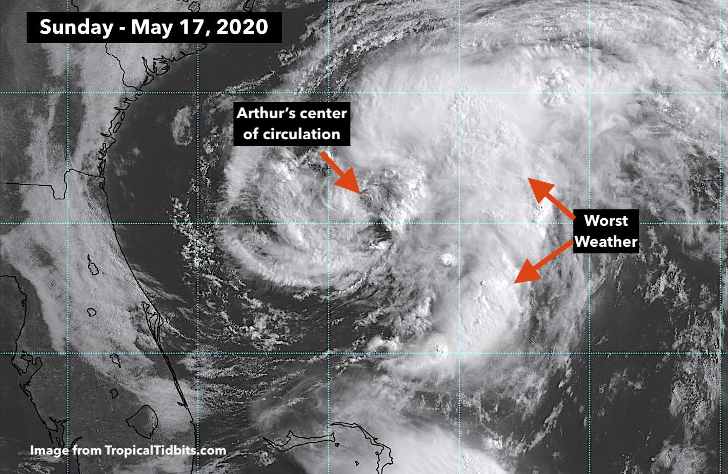 Disorganized Tropical Storm Arthur heads toward North Carolina