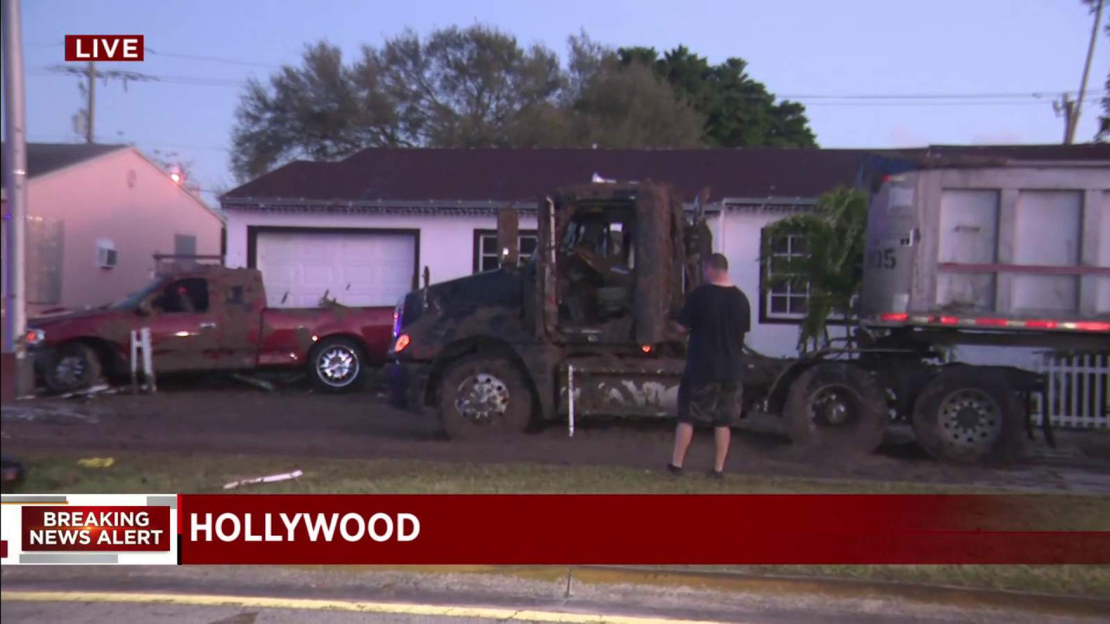 Crash leaves pickup, big rig covered in human waste in Hollywood
