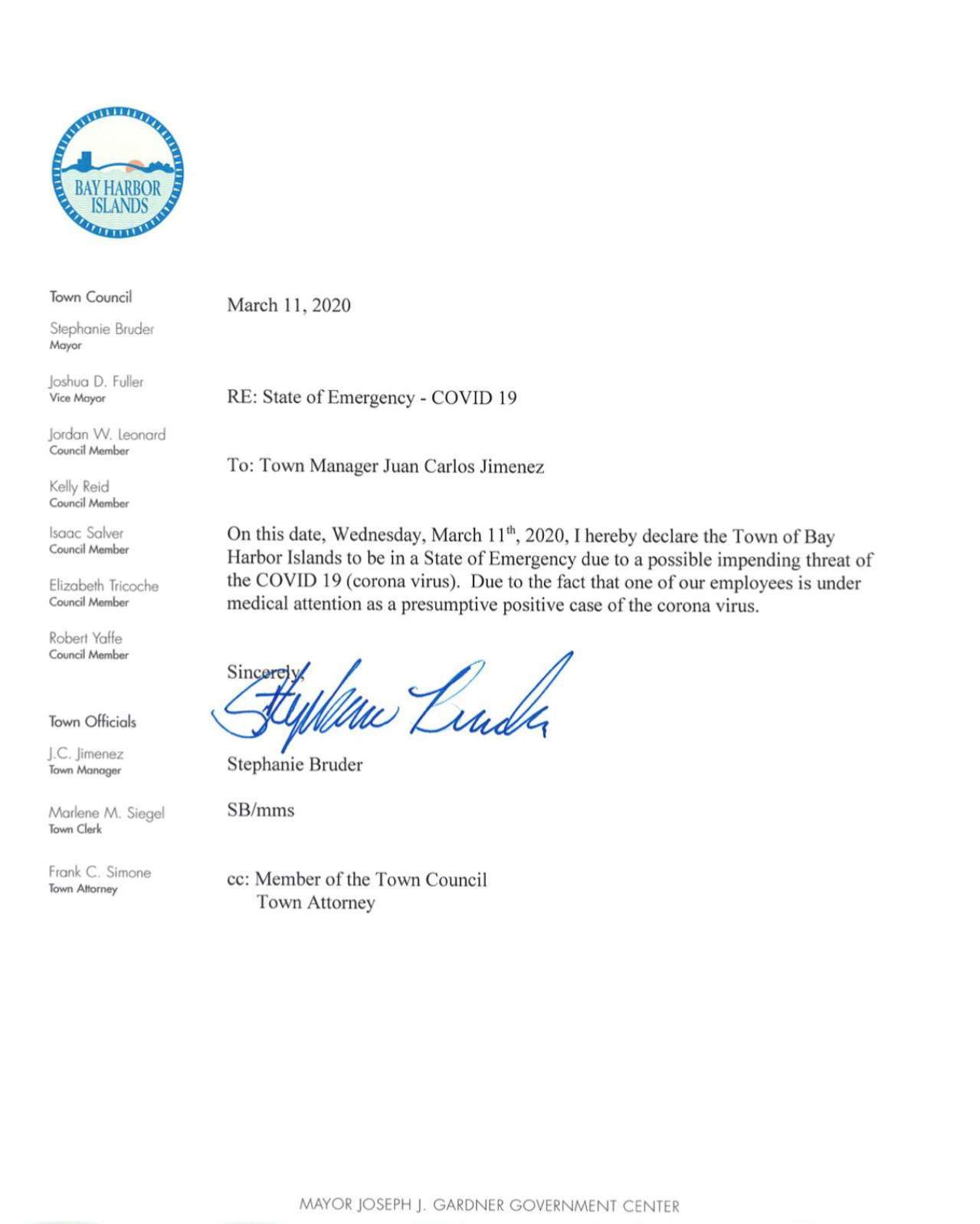 Memo From Bay Harbor Islands Mayor Town Declares State Of