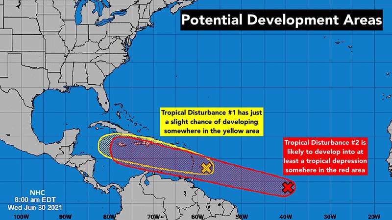Mid-Atlantic disturbance is likely to develop as it heads toward the Caribbean