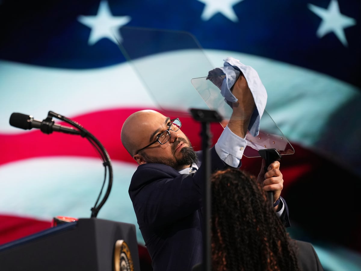 Image linked from the original feed: Teleprompter operator accused of betting on Trump speeches is out of a job