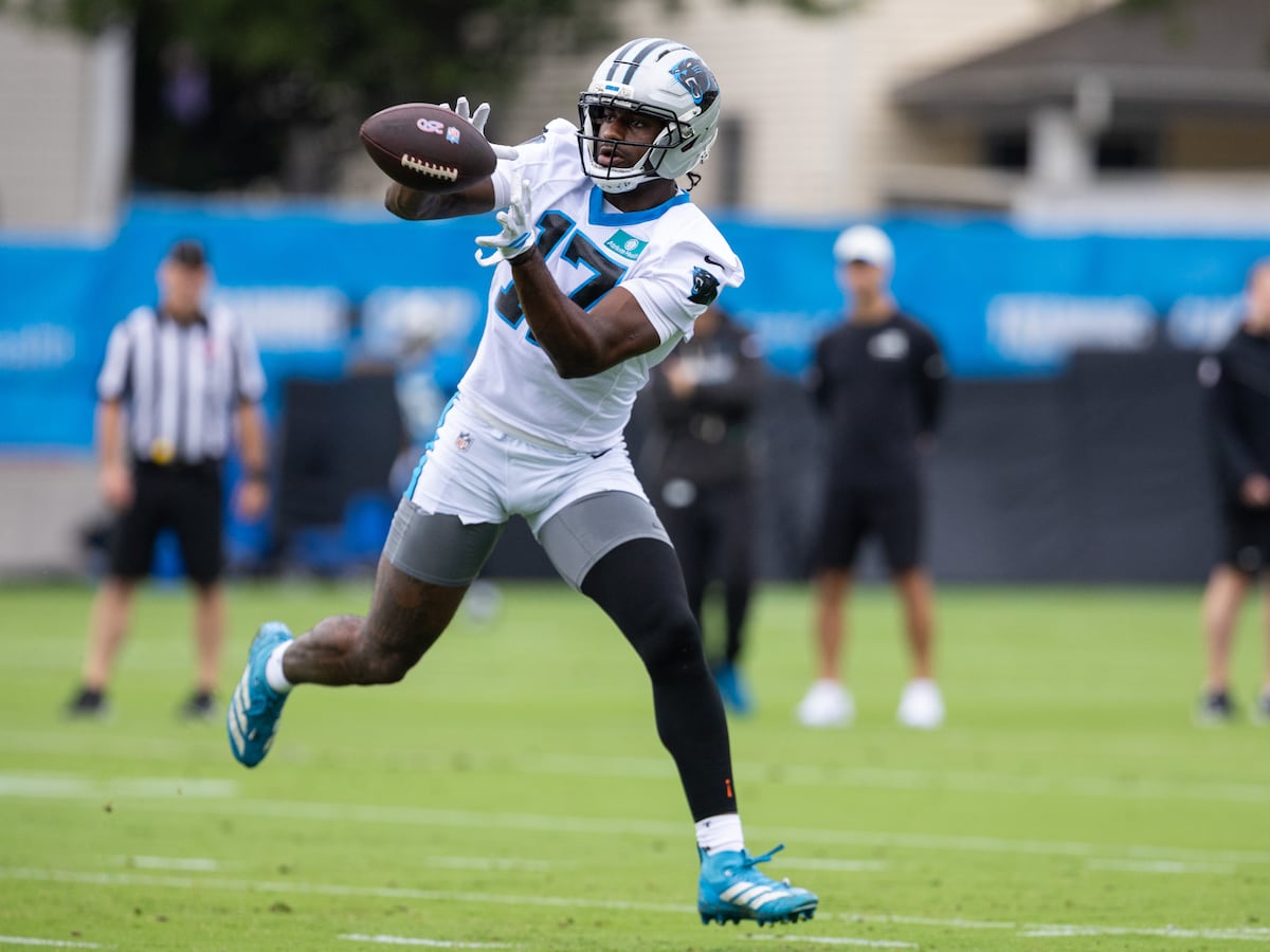 Image linked from the original feed: Panthers wide receiver Xavier Legette carted off the field with an upper body injury