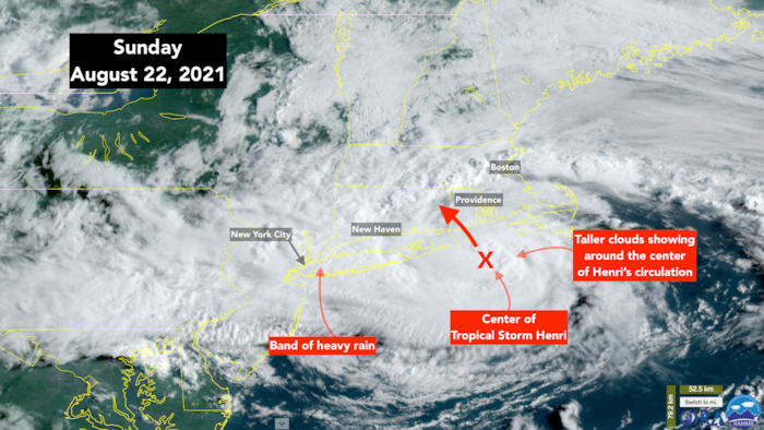 Tropical Storm Henri on final approach to landfall in southern New England