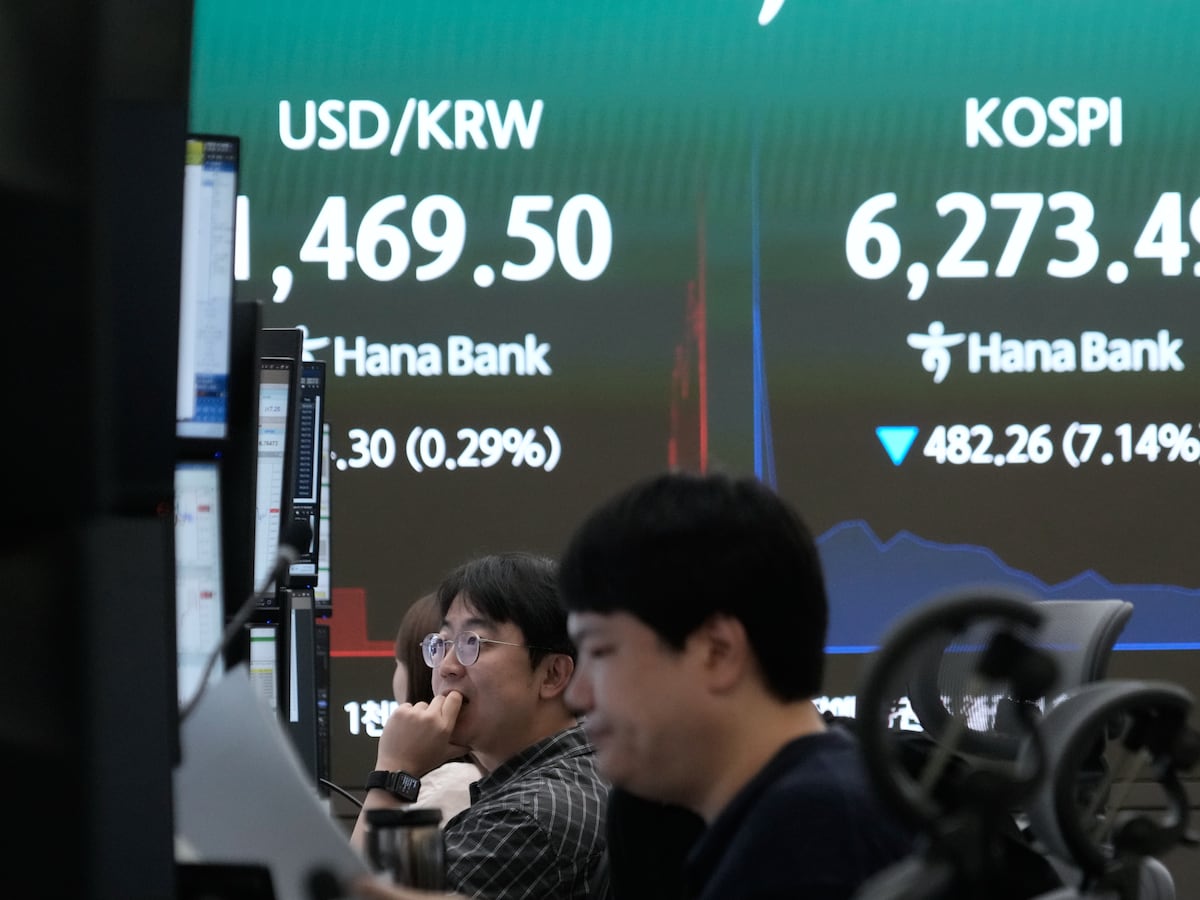 Image linked from the original feed: Asian shares slip and South Korea’s Kospi index sinks 10% on heavy selling of chipmaking stocks