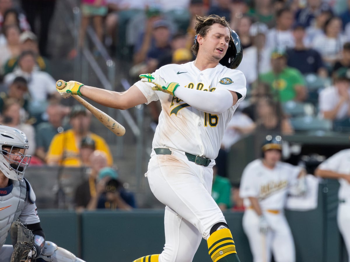 Image linked from the original feed: A's slugger Nick Kurtz will see a specialist about his injured right thumb