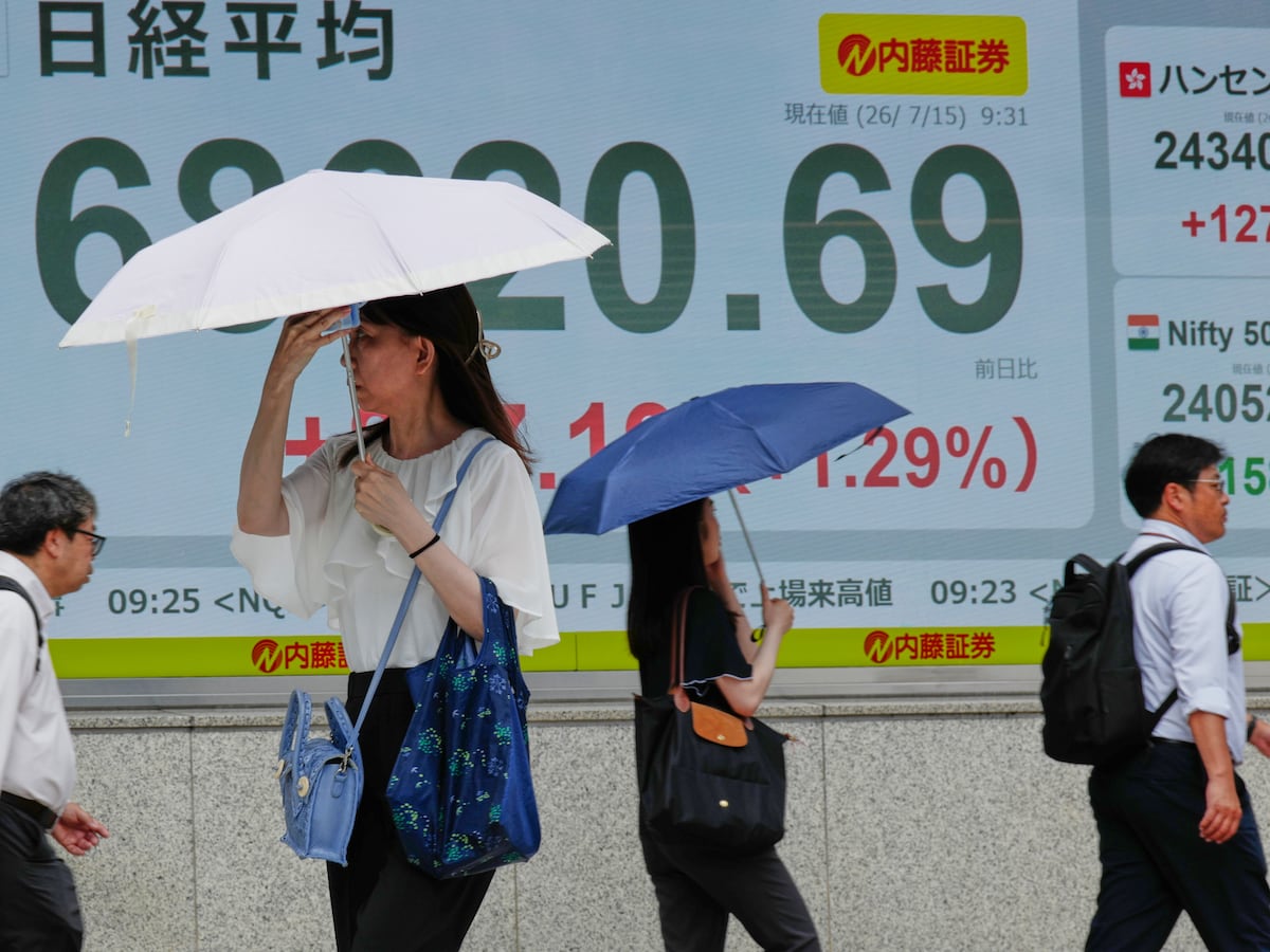 Image linked from the original feed: Asian shares are mostly higher and Mideast tensions push Brent crude past $96