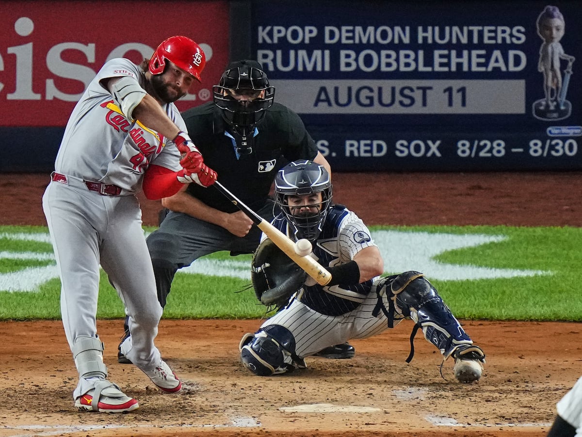 Image linked from the original feed: Alec Burleson hits 3 homers as Cardinals outslug Yankees 13-7 after losing 6-run lead