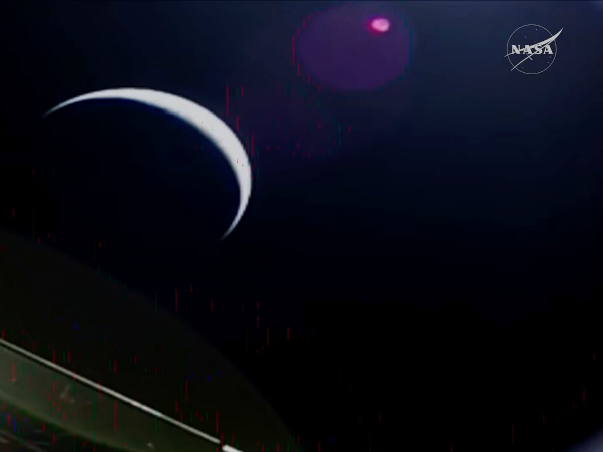 This image released by NASA on Thursday, April 2, 2026, shows NASA’s Orion spacecraft with Earth in the background. (NASA via AP)