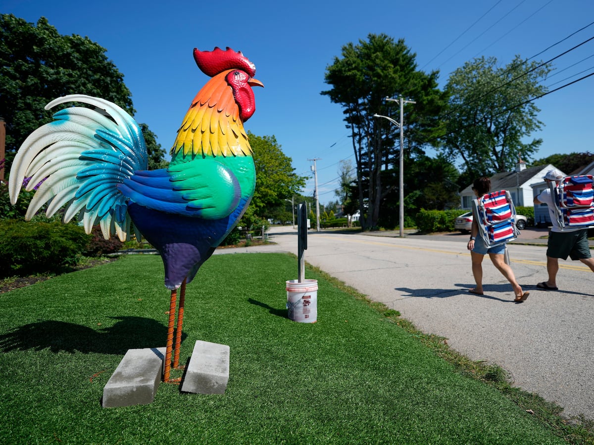 Image linked from the original feed: Giant metal roosters spread autism acceptance in Maine after town zoning spat