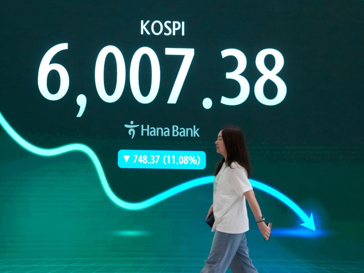 Image linked from the original feed: World shares are mixed, while South Korea’s Kospi sinks nearly 11% on heavy selling of chipmakers