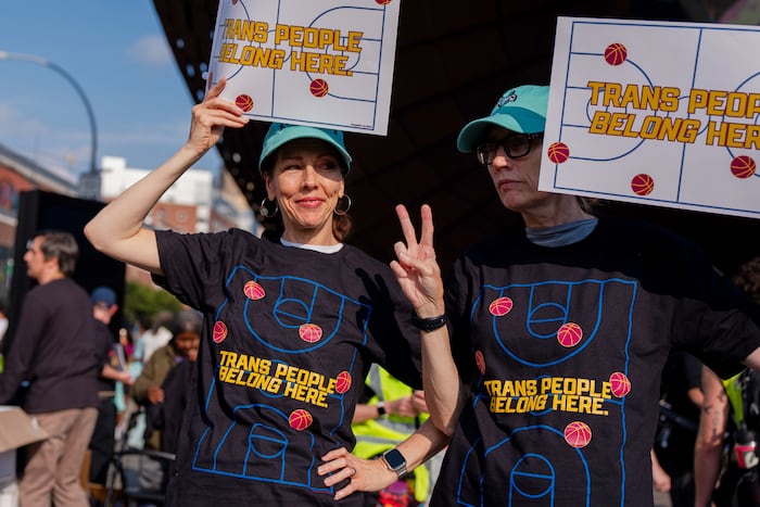 FILE - Demonstrators rally in support of transgender athletes in women's sports outside of Barclay's Center before the WNBA basketball game between the Indiana Fever and the New York Liberty, Aug. 22, 2026, in New York. (AP Photo/Angelina Katsanis, File) (Copyright 2025 The Associated Press. All rights reserved.) (Angelina Katsanis/AP Photo/Angelina Katsanis)