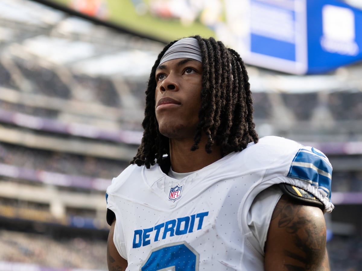 Image linked from the original feed: Lions running back Jahmyr Gibbs reports to training camp but doesn't attend team's first practice