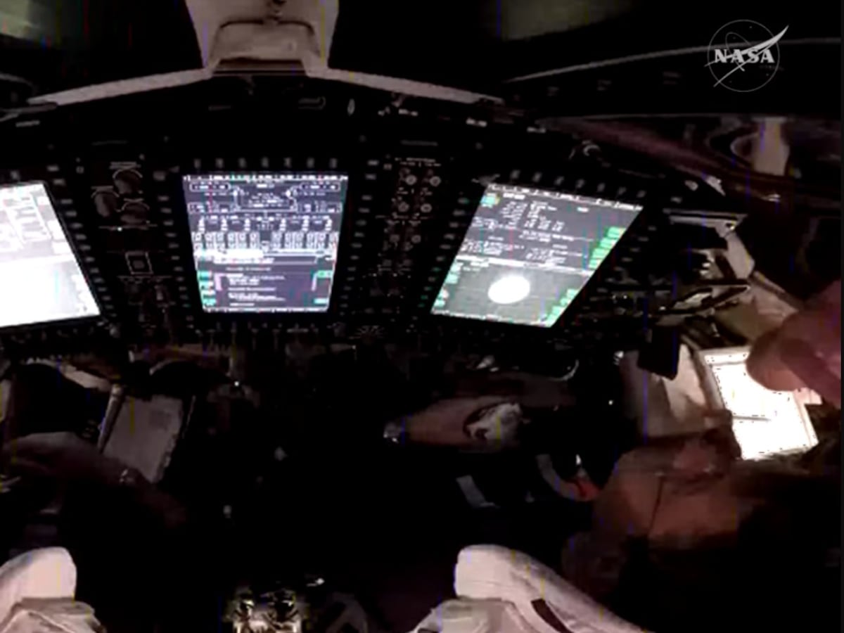 A view over the shoulders of NASA astronauts Victor Glover (left) and Reid Wiseman (right), pilot and commander, respectively, inside the Orion spacecraft as they participate in a proximity operations demonstration. This demonstration tests the spacecraft’s ability to manually maneuver relative to another spacecraft, the interim cryogenic propulsion stage, after separation, using its onboard navigation sensors and reaction control thrusters.
NASA