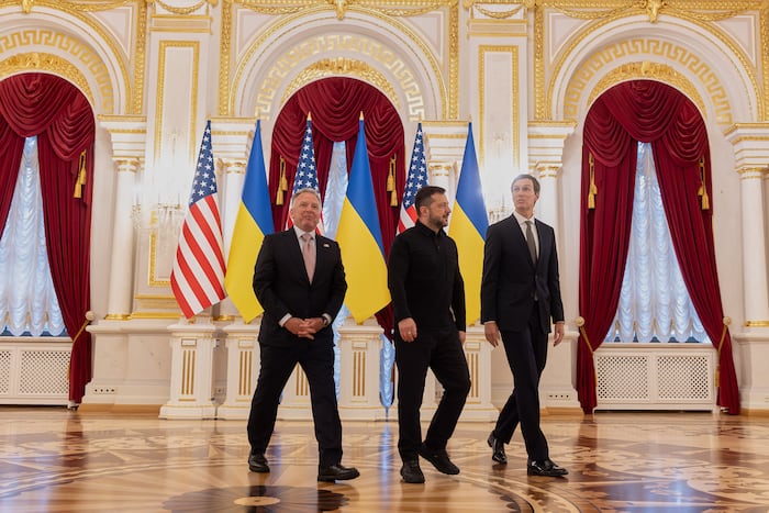 Volodymyr Zelenskyy walks with Steve Witkoff and Jared Kushner past Ukrainian and U.S. flags at Mariinsky Palace in Kyiv on September 6, 2026