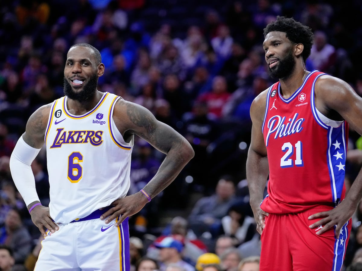 Image linked from the original feed: 76ers celebrate James' arrival with coronation photo fit for basketball's King